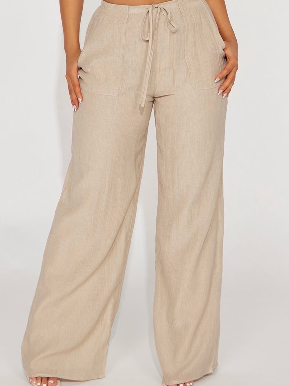 Fashion Nova Beige Wide Leg Drawstring Pants Crinkle Linen Look Lounge